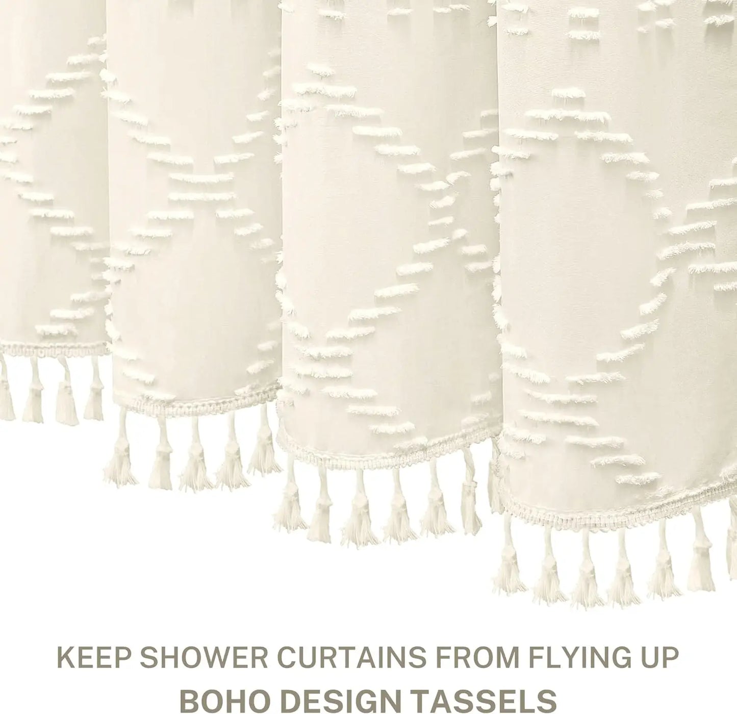 Soft Diamond-Patterned Shower Curtain - Waterproof  Fabric with Boho Tassels,12 Plastic Hooks Included for Modern Bathroom