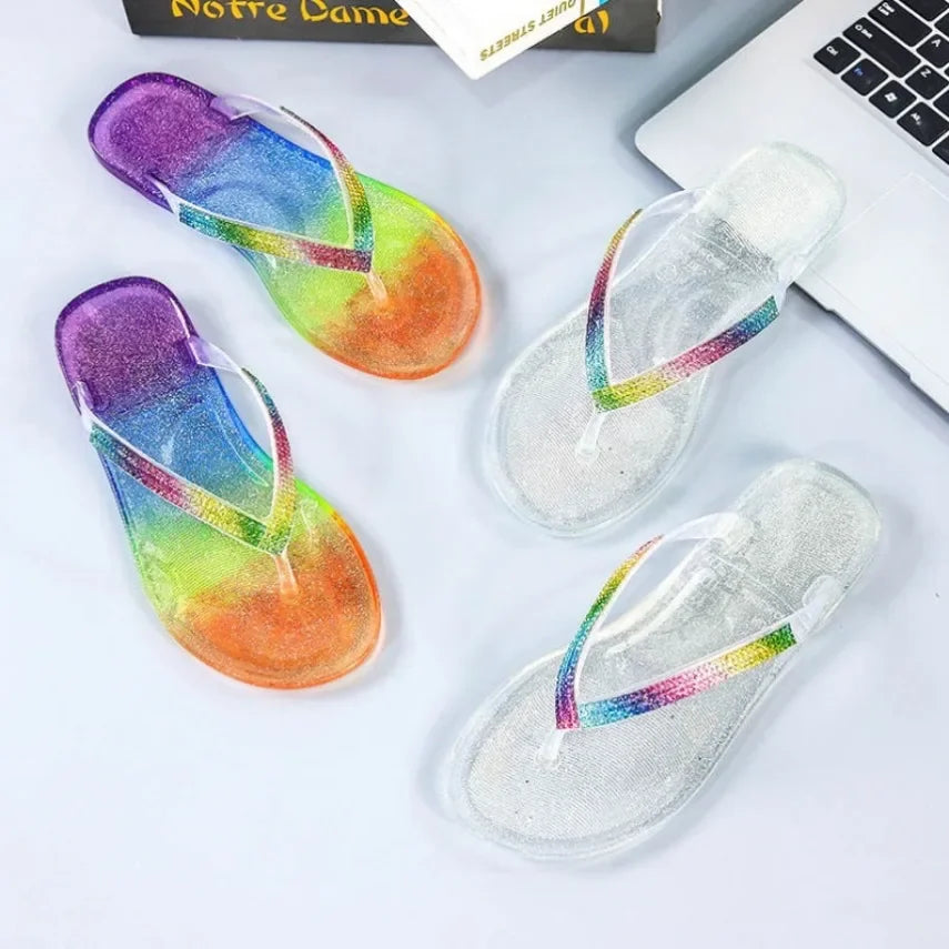 Rainbow Slippers Woman Summer Beach Sandal Outdoor Soft Non Slip Flip Flops Cloud Female Jelly Crystal Shoes Slides Outdoor
