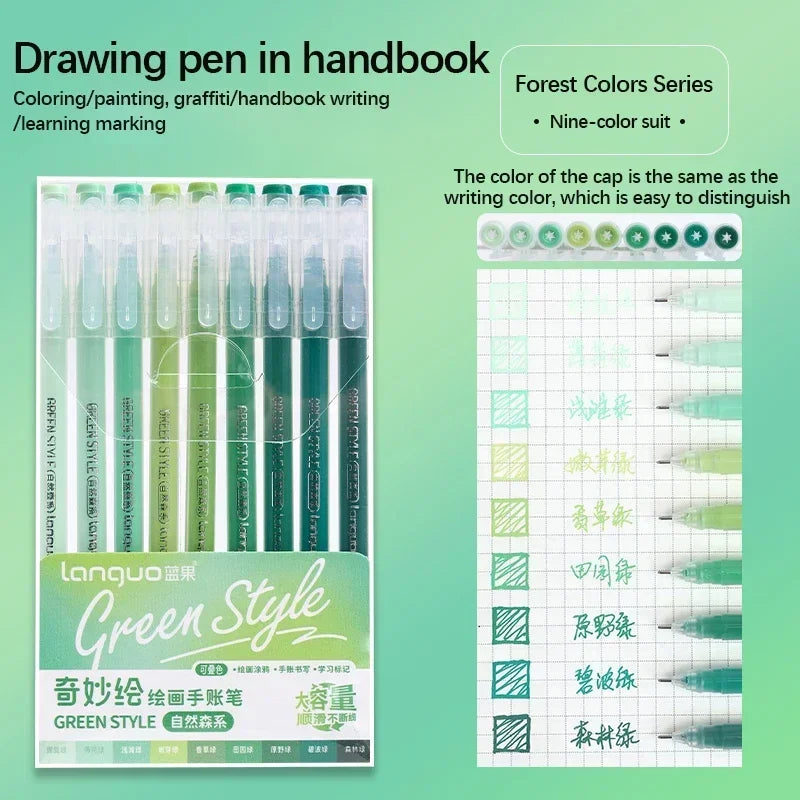 Languo Gel Pen Large Capacity Handbook Pens 6/9Pcs 0.6mm Student Art Diy Doodling Drawing Markers Office Kawaii Art Stationery