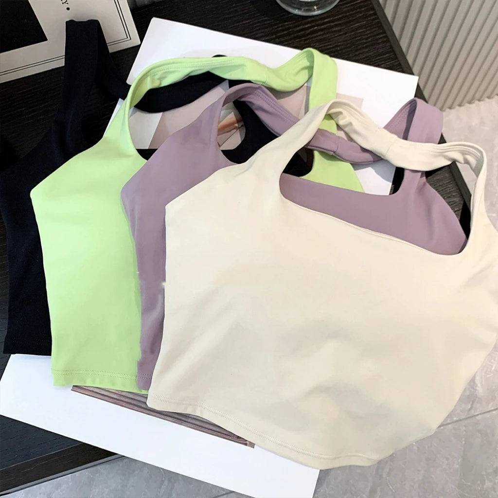 Summer New Sexy Hanging Neck with Chest Pads, Beautiful Back Sports Bra, Women's Light Luxury Fashion, Unique Pleated Sports Bra