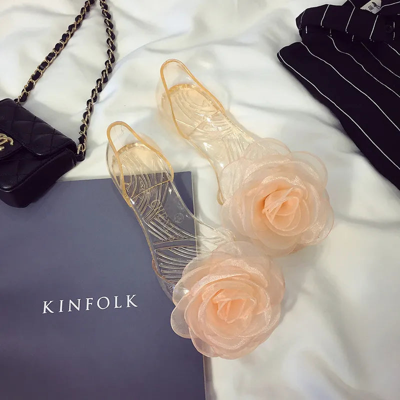 Summer Women Peep-toe Sandal with Floral Crystal Decorations Lady Jelly Transparent Flat Beach Shoe Adult Non-slip Casual Sandal