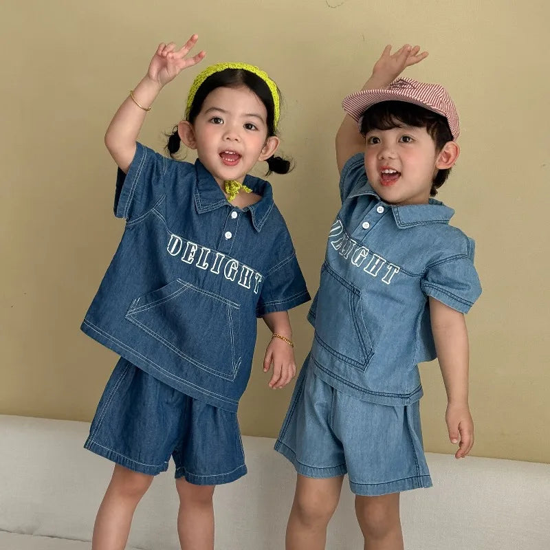 Childrens Summer Denim Set 2026 New Summer Clothes for Girls Loose and Casual Boys Short Sleeved Shorts Baby Clothes