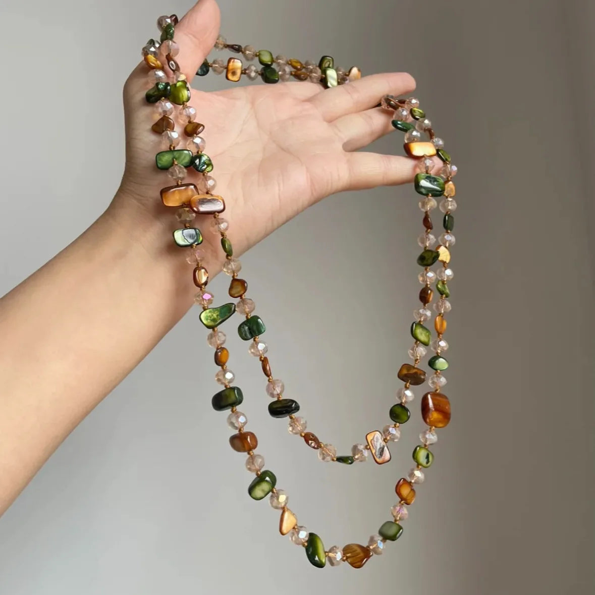 Bohemian Vintage Irregular Natural Stone Necklace for Women Handmade Crystal Beads Double Layer Long Sweater Chain Jewelry Gift