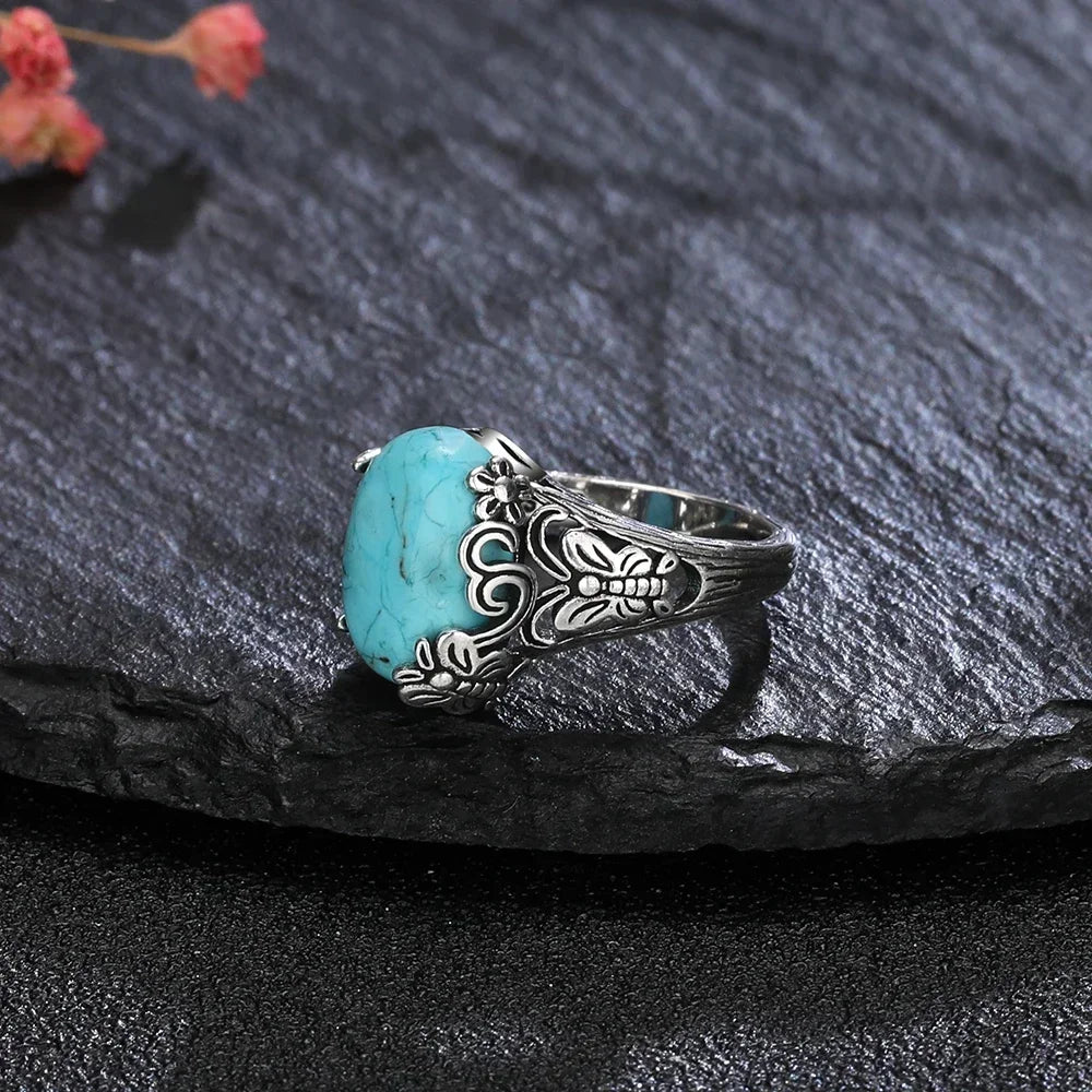 S925 Sterling Silver Ring Vintage Ring Gemstone Ring Silver Fine Jewelry Natural Turquoise Rings