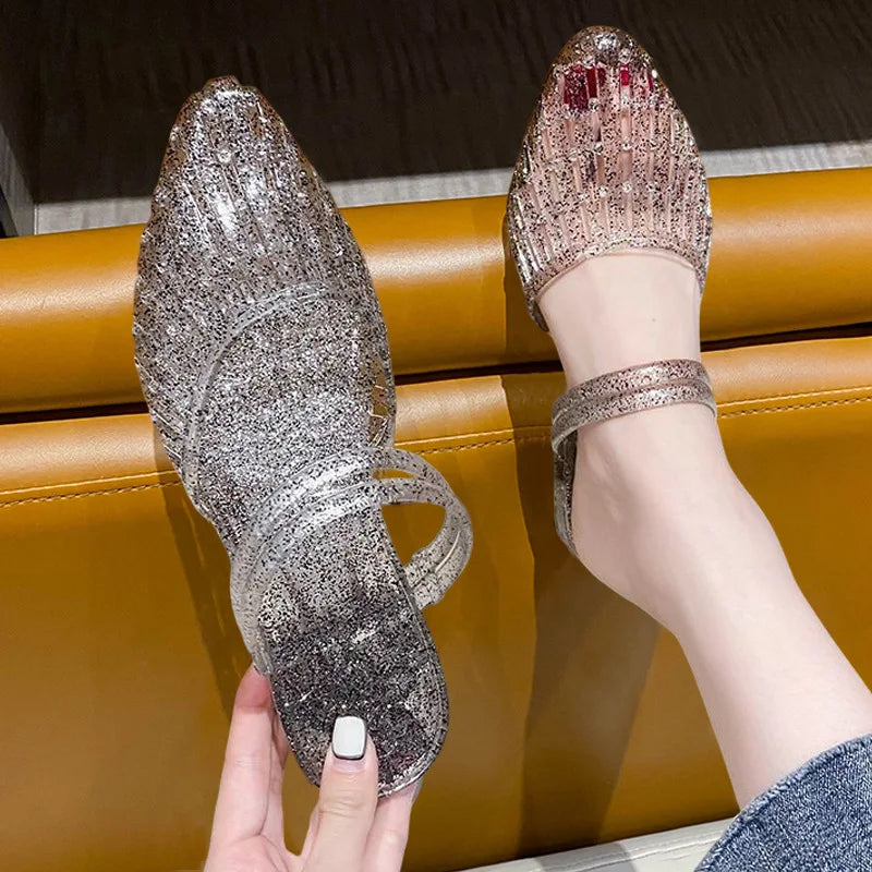 Casual Style Women's Crystal Jelly Sandals Summer Anti-slip Slippers Half Slippers Head Covered Fashionable Cool Slippers