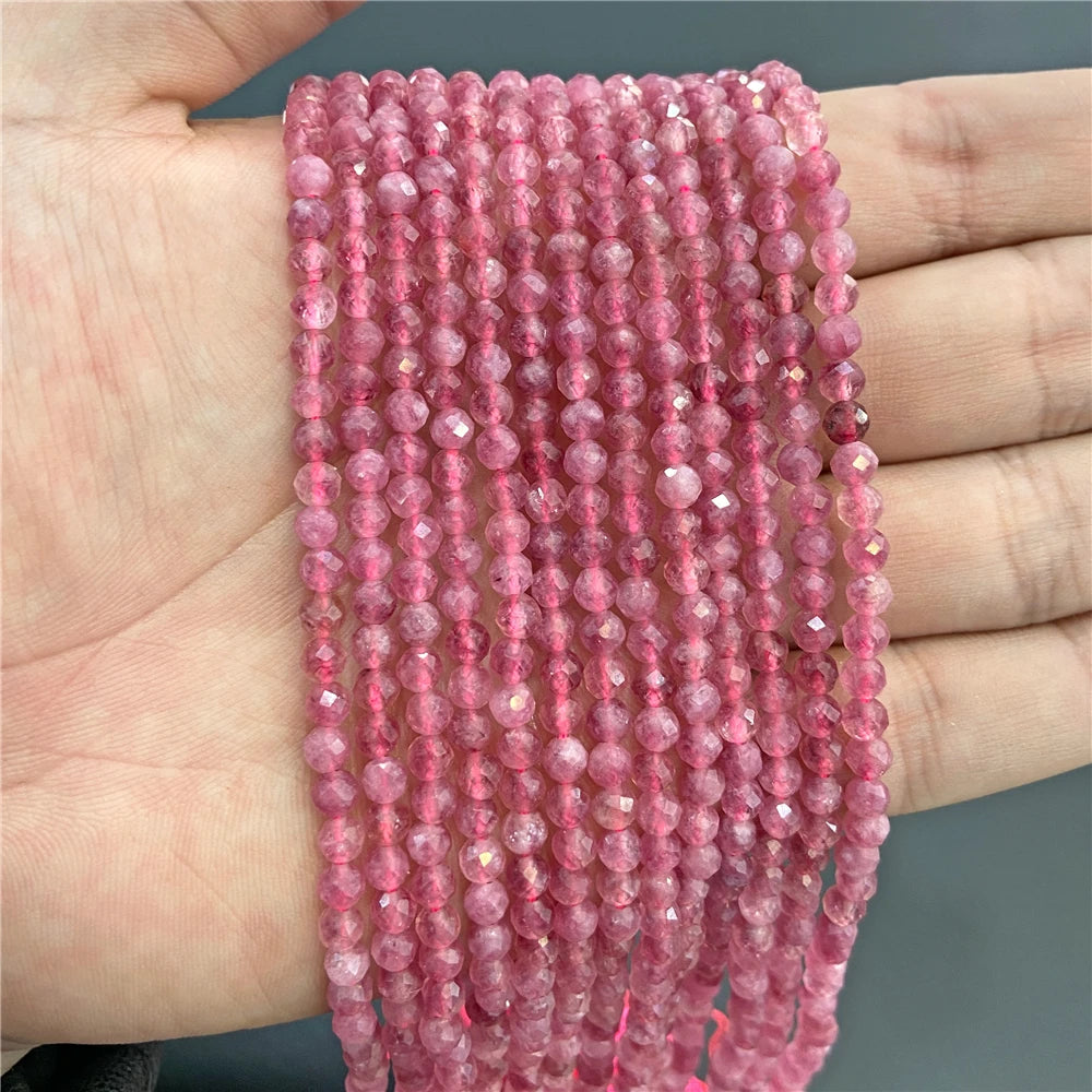 2mm 3mm 4mm Faceted Natural Stone Pink Rose Quartzs Crystal Beads Round Amethysts Loose Beads for DIY Jewelry Making Necklace
