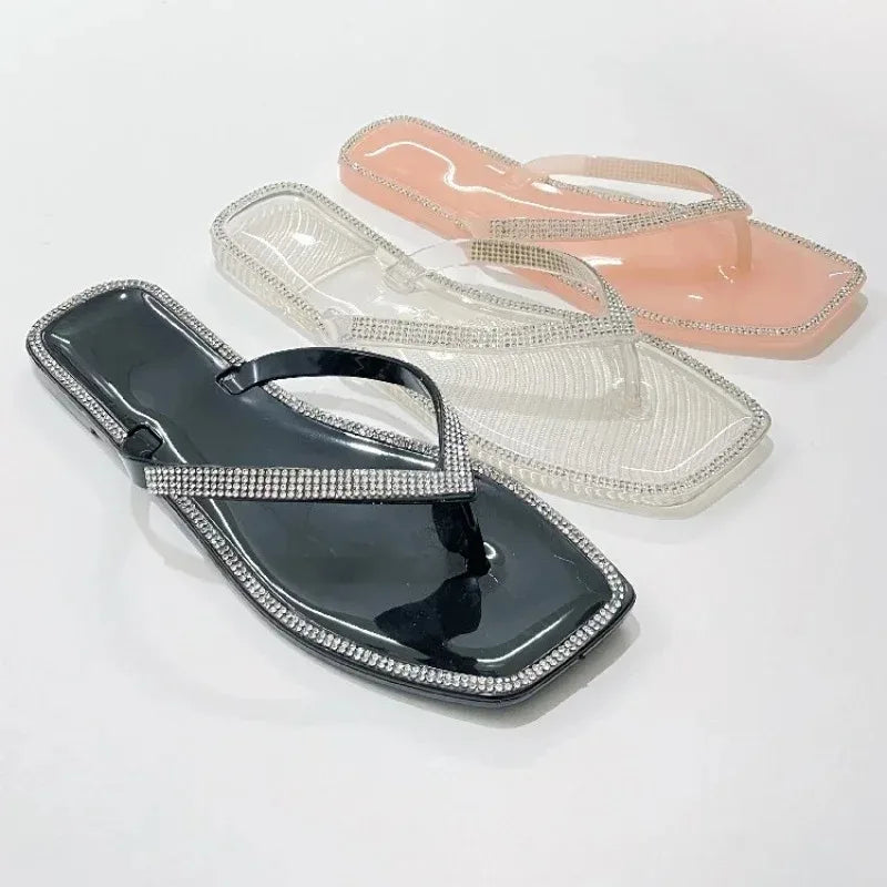 New Summer Square Toe Rhinestone Flip-flops Women's Slippers Fashion Flat Transparent Jelly Shoes Outdoor Casual Beach Slides