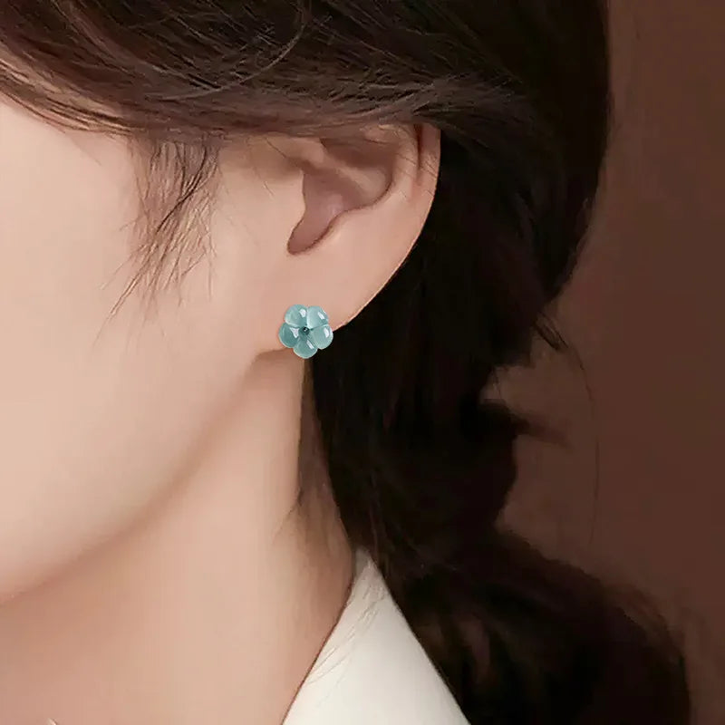 Natural A-grade Jade Blue Water Plum Blossom Earrings Ice Jadeite Petals S925 Silver Inlaid Antique Style Women's Gifts Jewelry