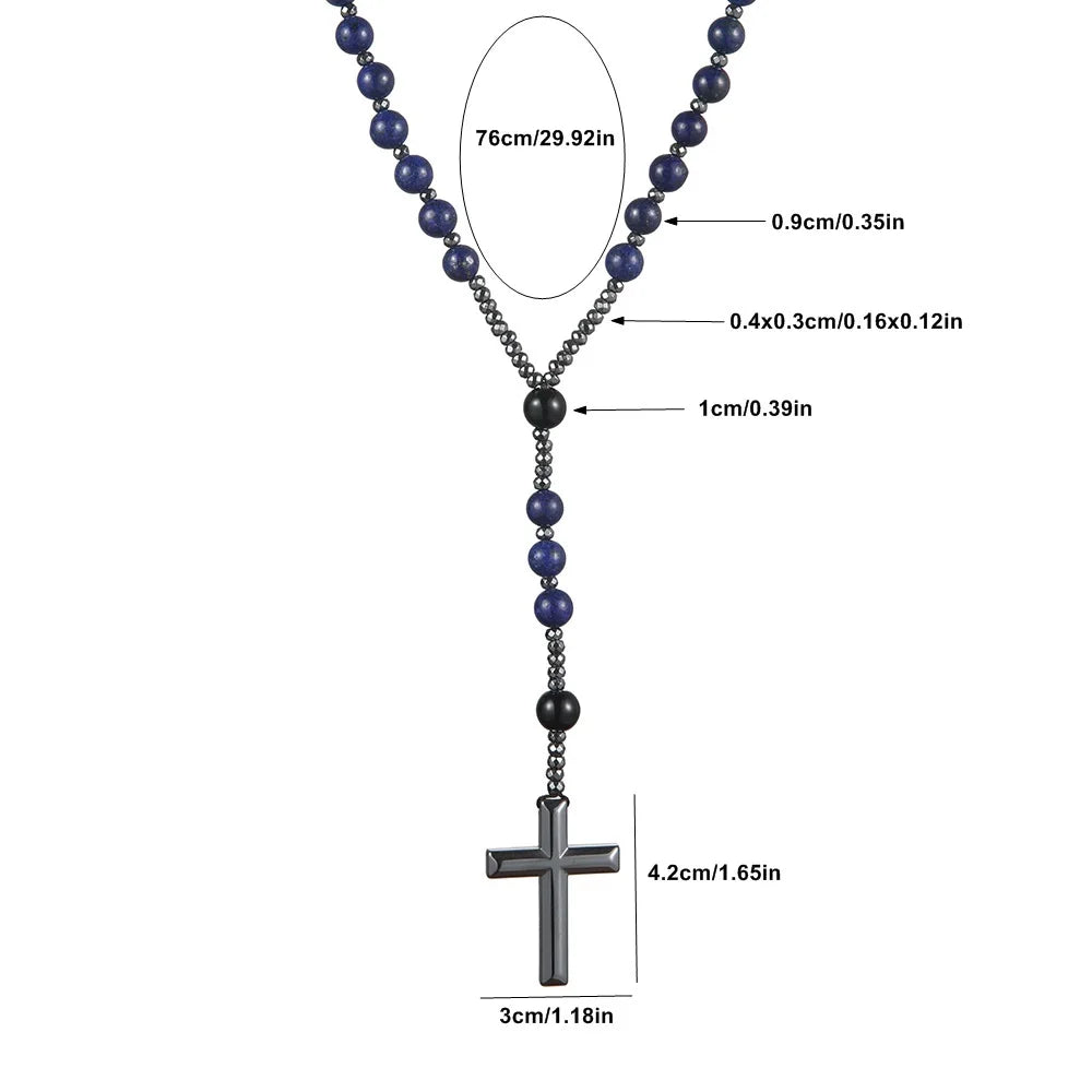 Natural Stone Blue Round Beads Gemstone Cross Pendant Necklace for Men and Women Rosary Prayer Jewelry