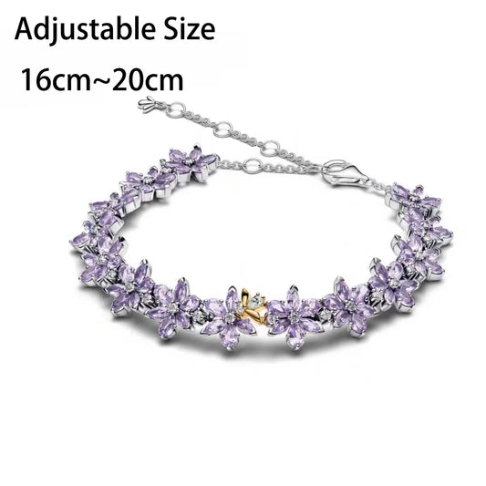 S925 Silver Clover Blossom Purple Floral Heart Key Star Bow Infinity Necklace Earrings Bracelet Set Gem Party Gift Fine Jewelry