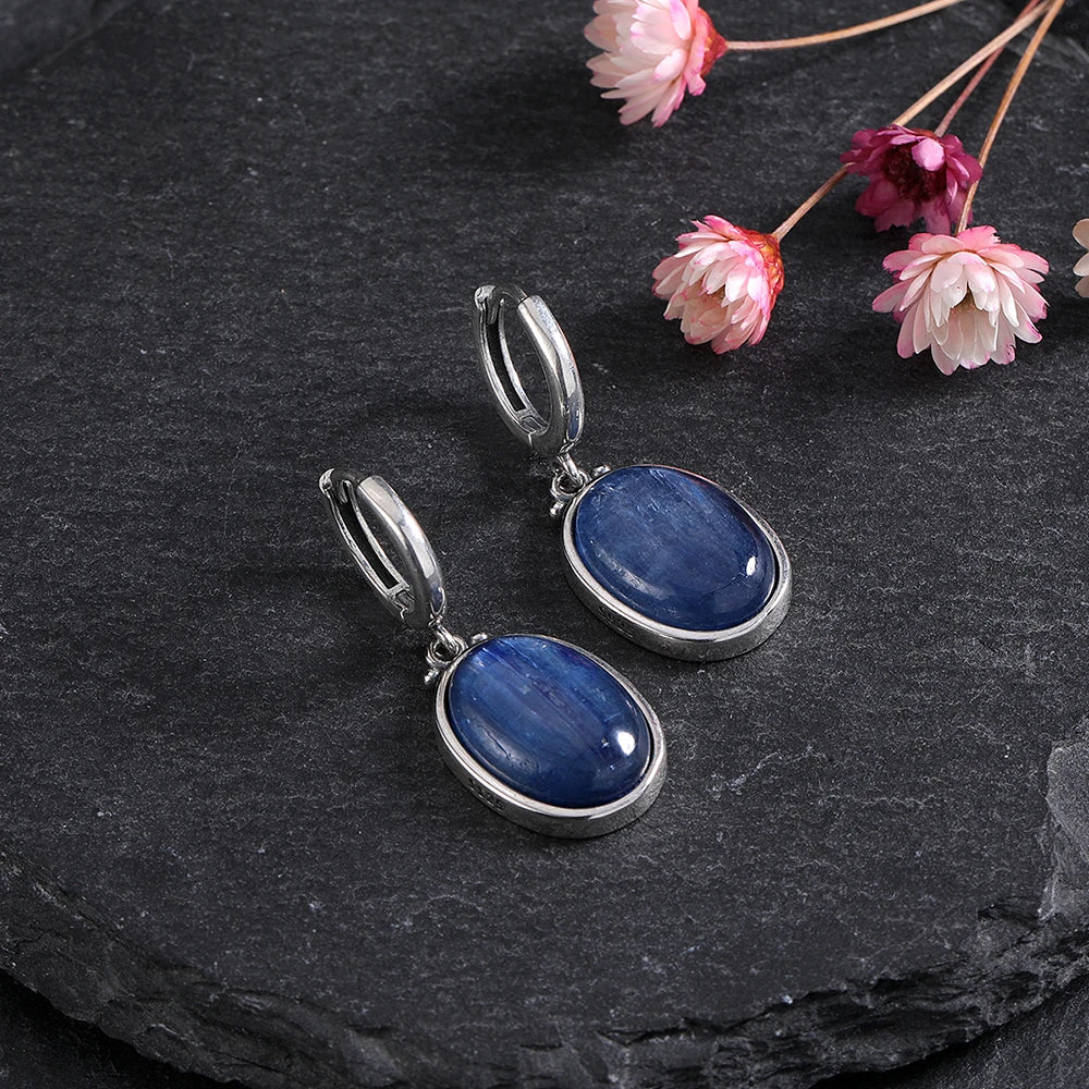 Simple Style Large Oval Natural Kyanite S925 Silver Hoop Earrings Gems Elegant Pendant Luxury Jewelry Anniversary Gift