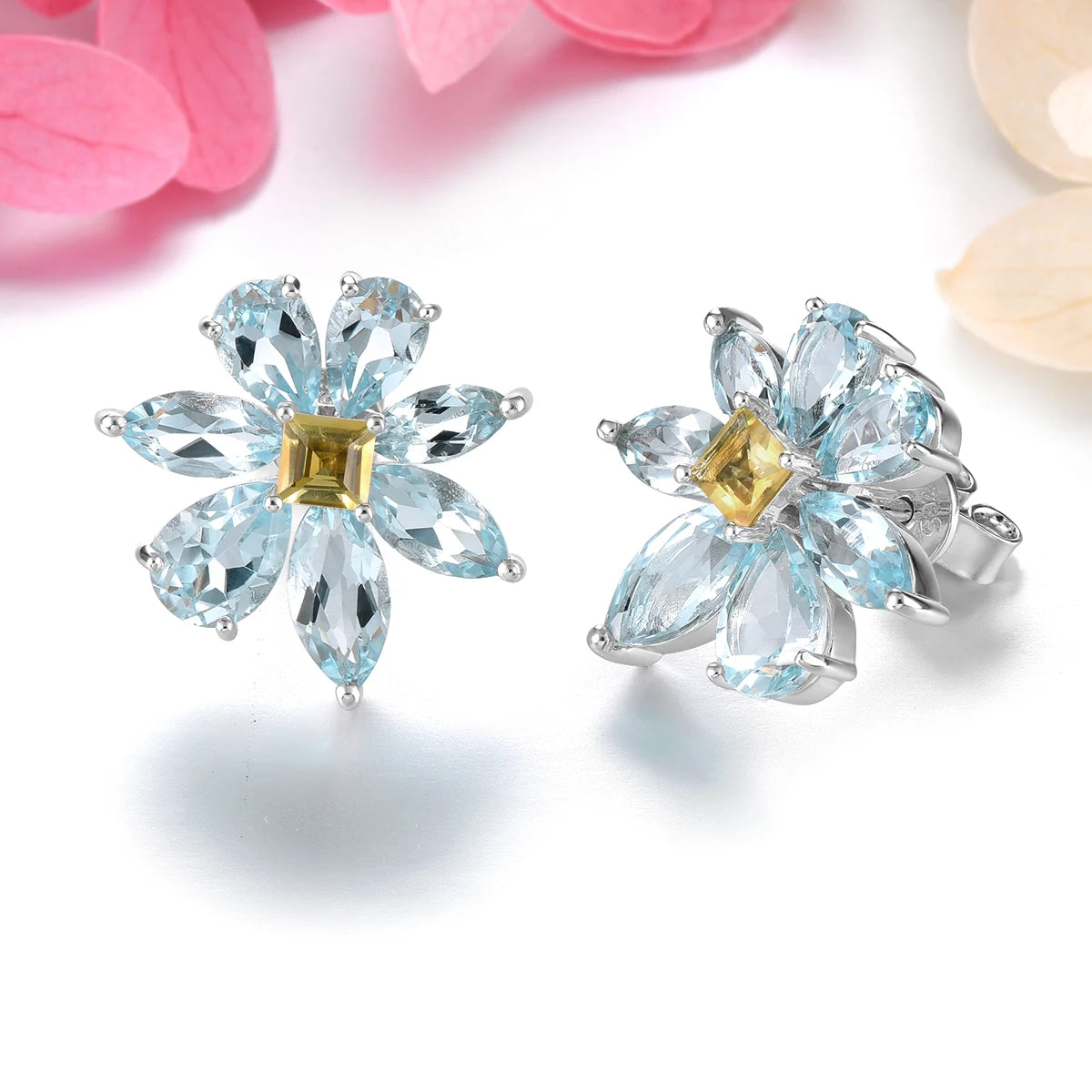 Natural Sky Blue Topaz Sterling Silver Earring 7.8 Carats Genuine Gemstone Citrine Flower Design Spring New Design S925
