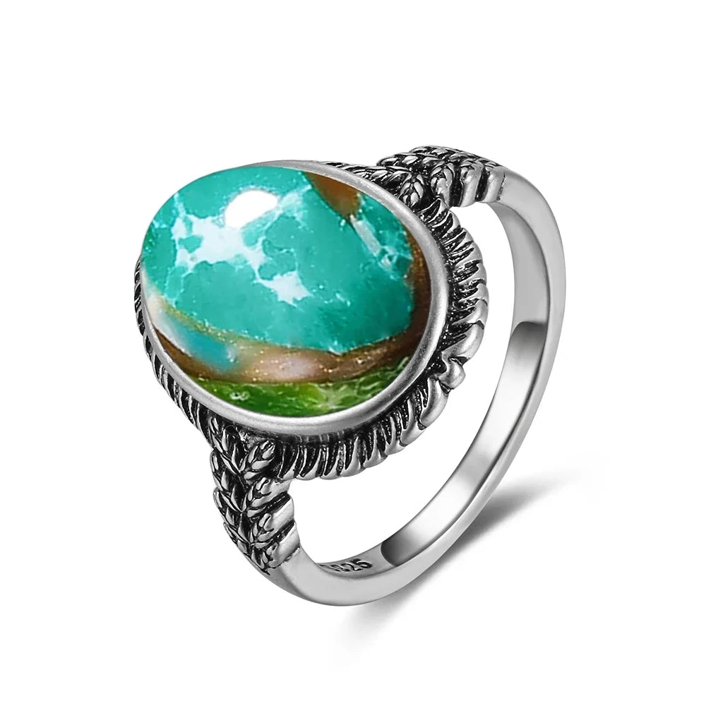 Vintage S925 Sterling Silver Ring with Oval Natural Emperor's Stone Flower Shape Hollow out Ring Fine Jewelry for Women