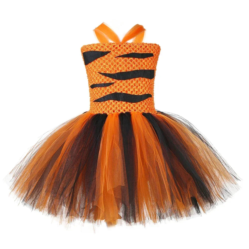Tiger Costume for Kids Forest Theme Birthday Party Tutu Dress Outfit Toddler Girls Carnival Halloween Animal Dress Up Clothes