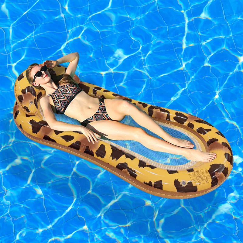 2026 Leopard Print Mesh Lounge Chair Inflatable Floating Bed Single Foldable Float Summer Pool Water Entertainment Thickened