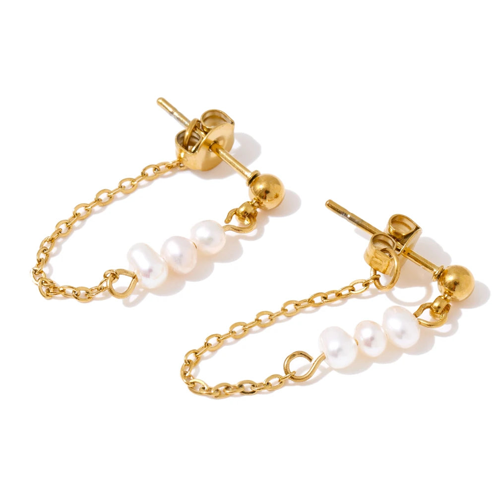 Yhpup 2025 Stainless Steel Natural Pearls Chain Tassel Drop Dangle Earrings for Women Popular Fashion Daily Korean Jewelry