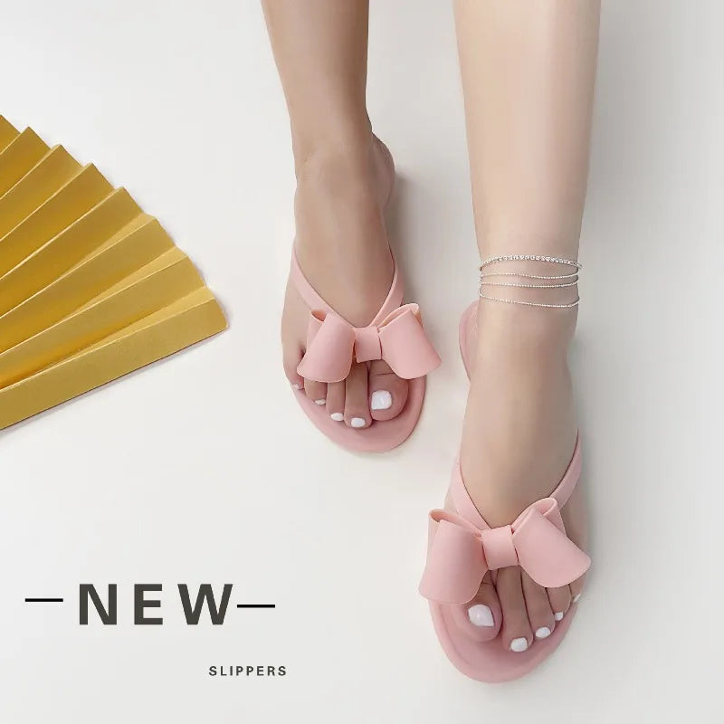 New Summer Women Bow PVC Sandals Jelly Shoes Lady Flat Casual Shoes Beach Shoes Adult Flip-Flops Soft Non-Slip Casual Sandals