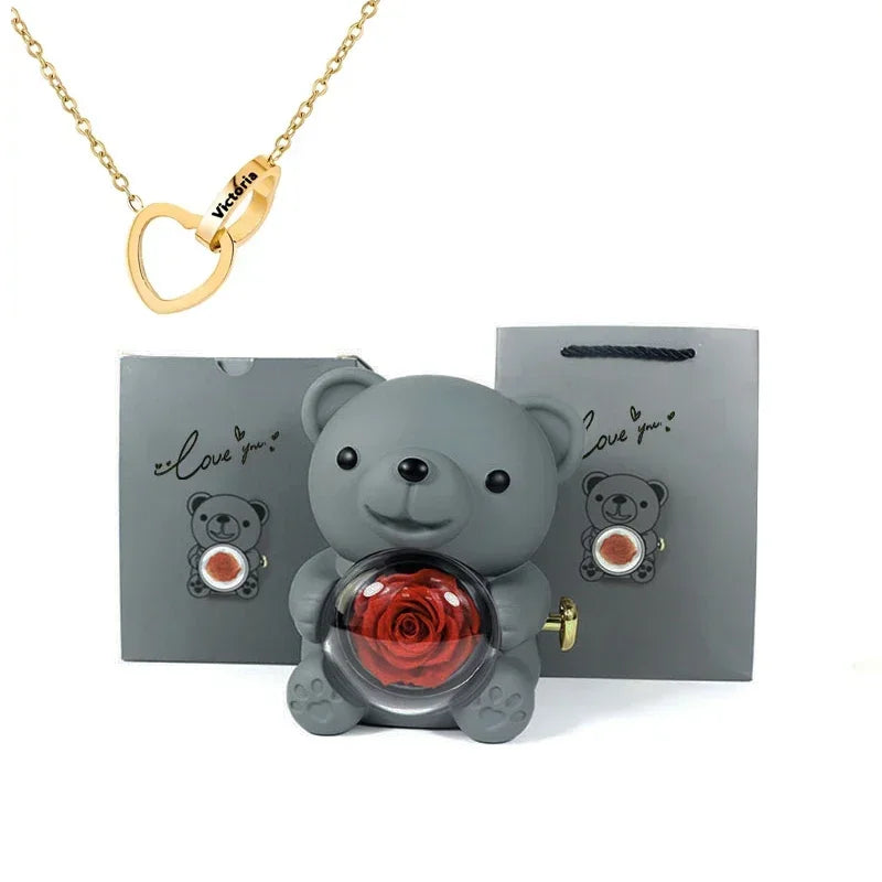 Mini Delicate Heart Engraved Necklace Lovely Bear Jewelry Boxes Valentine's Day Mother Day Birthday Gift Paper Bag Set