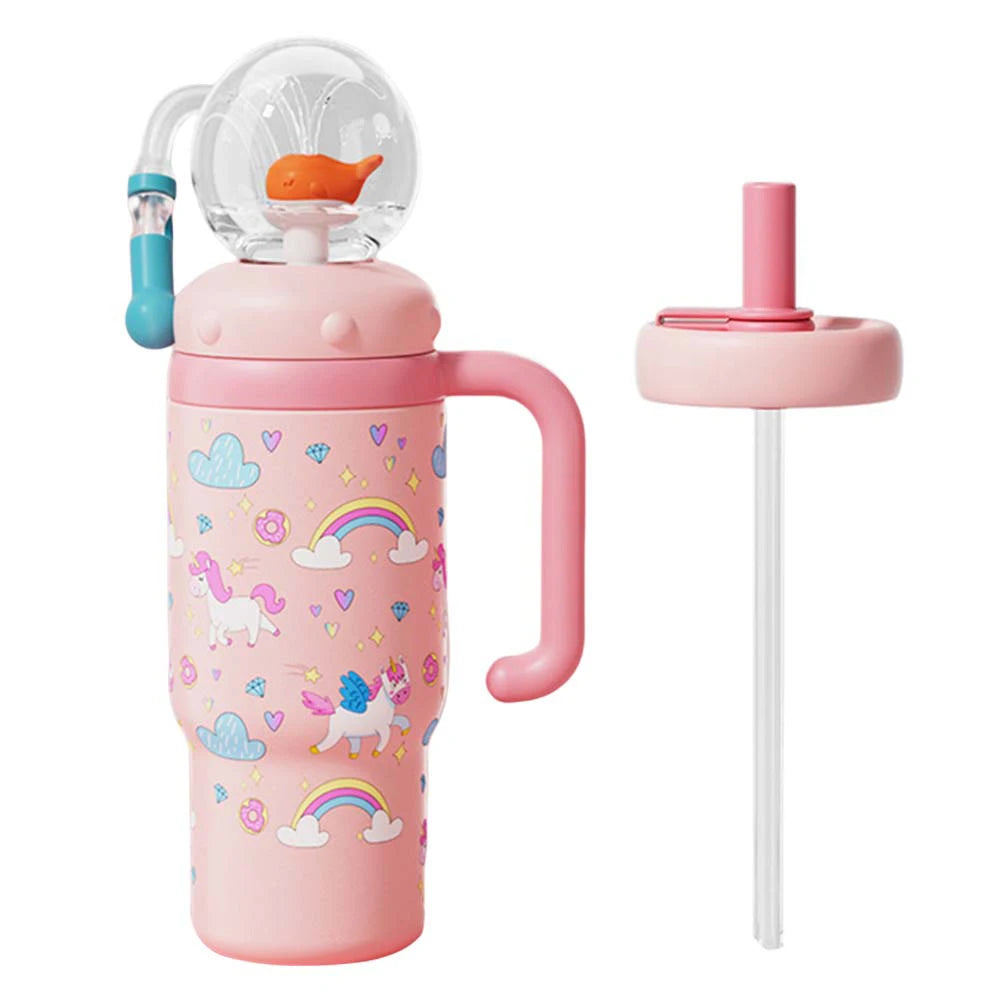 710ML Stainless Steel Whale Fountain Tumbler with Handle Leak Proof Whale Squirt Drinking Cup Water Bottle with Straw Creative G