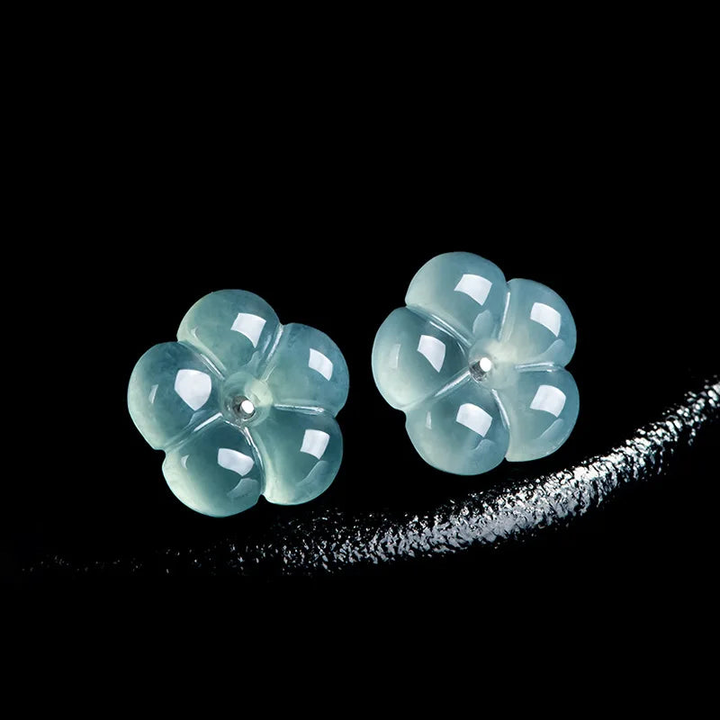 Natural A-grade Jade Blue Water Plum Blossom Earrings Ice Jadeite Petals S925 Silver Inlaid Antique Style Women's Gifts Jewelry
