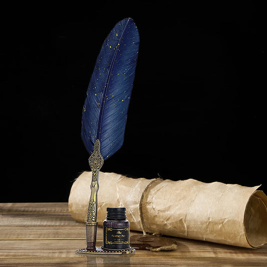 1 Set Retro Classic Texture Practical Calligraphy Feather Dip Pen No Ink Quill Fountain Writing Portable  Wedding Gifts Box