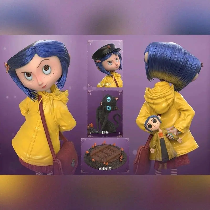 Coraline Jones Action Figure 20cm PVC Doll Yellow Raincoat with Black Cat Themed Collectible Model Toy Horror Movie Gifts