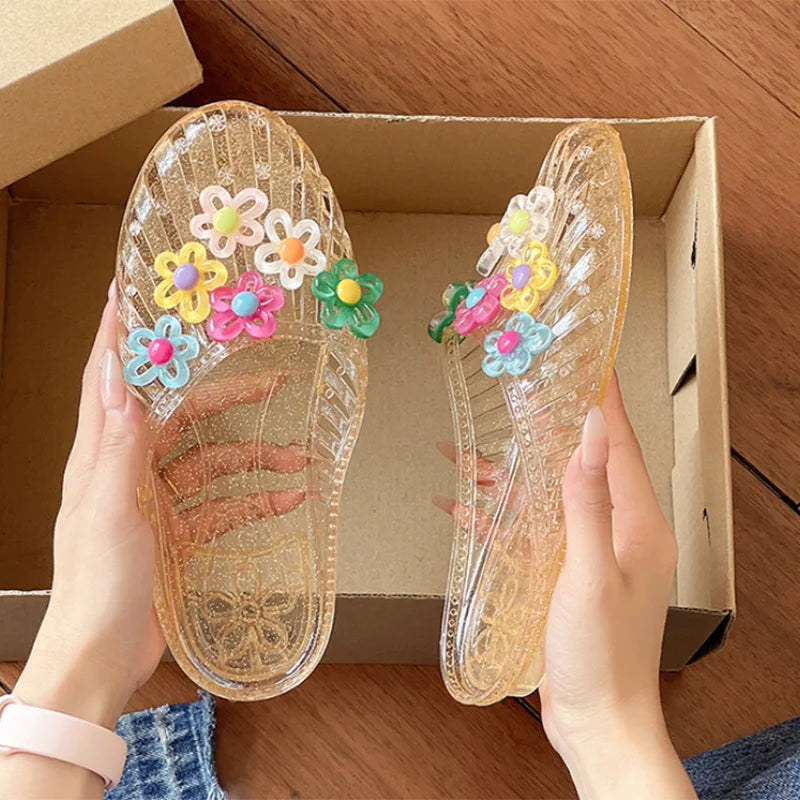 Fashionable Jelly Shoes Women's 2026 Summer Korean Style DIY Colorful Flower Mules Sandals Woman Transparent Crystal Beach Slide