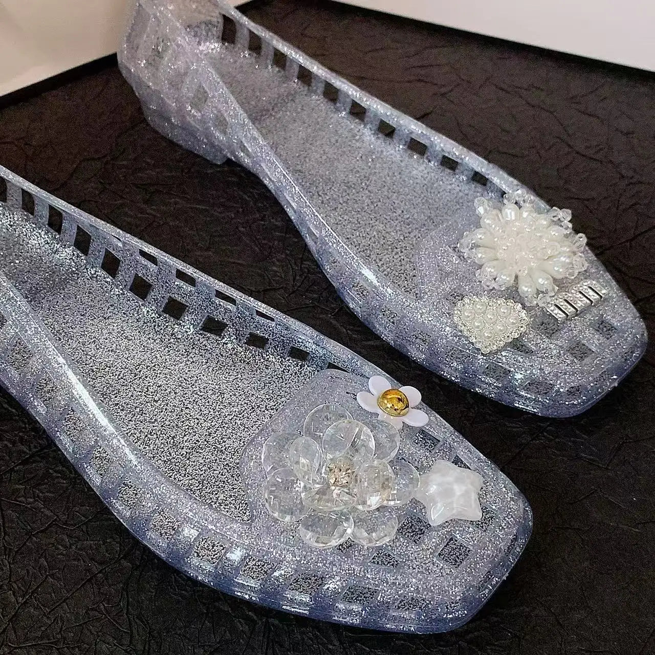Women's Jelly Crystal Slippers, Square-Toe Women's Shoes, Crystal Flower Set Accessories, Crystal Clogs, Sandals, Jelly Shoes, Slip-On Slippers