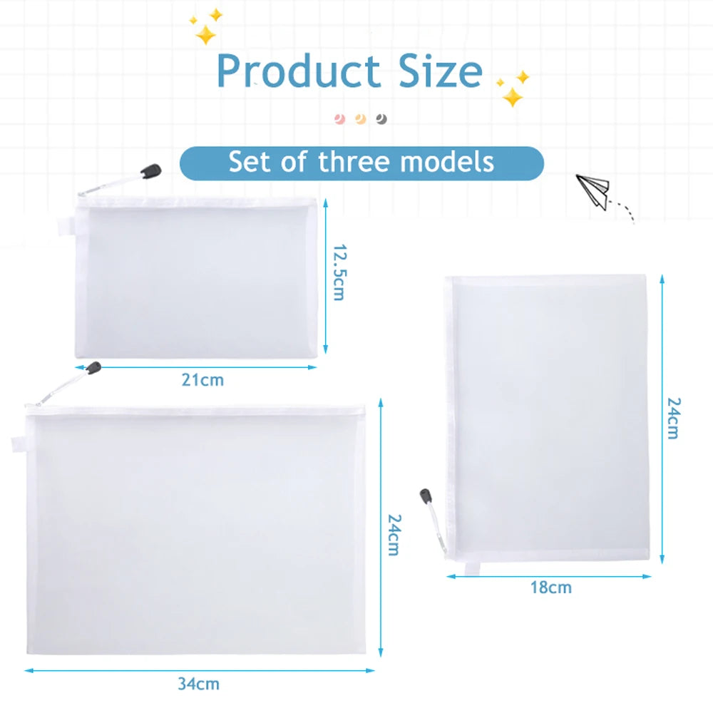 3Pcs File Folders A4 A5 A6 Document Storage Bag Nylon Mesh Zipper Pouch Test Stationery Office School Supplies