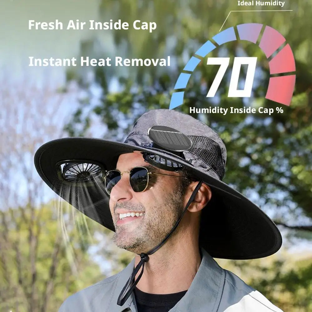 Solar Powered Cooling Hat with Dual Fans Built-in Sun Protection Wide Brim Baseball Cap Breathable Summer Hat for Fishing Hiking