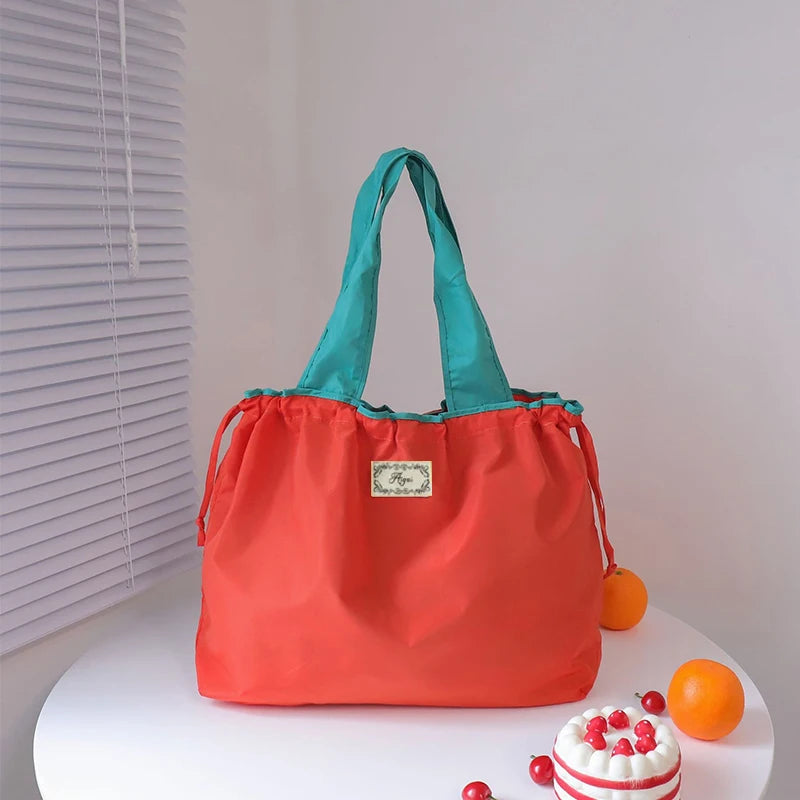 Large Capacity Reusable Shopping Bag Fashion Eco-Friendly Drawstring Grocery Bag Casual Travel Waterproof Shoulder Handbag