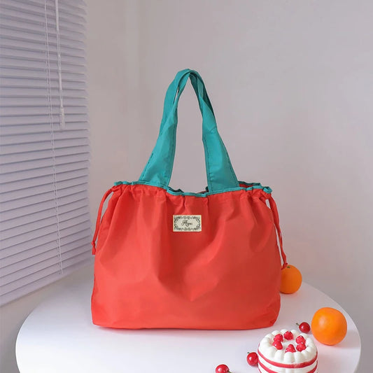 Large Capacity Reusable Shopping Bag Fashion Eco-Friendly Drawstring Grocery Bag Casual Travel Waterproof Shoulder Handbag