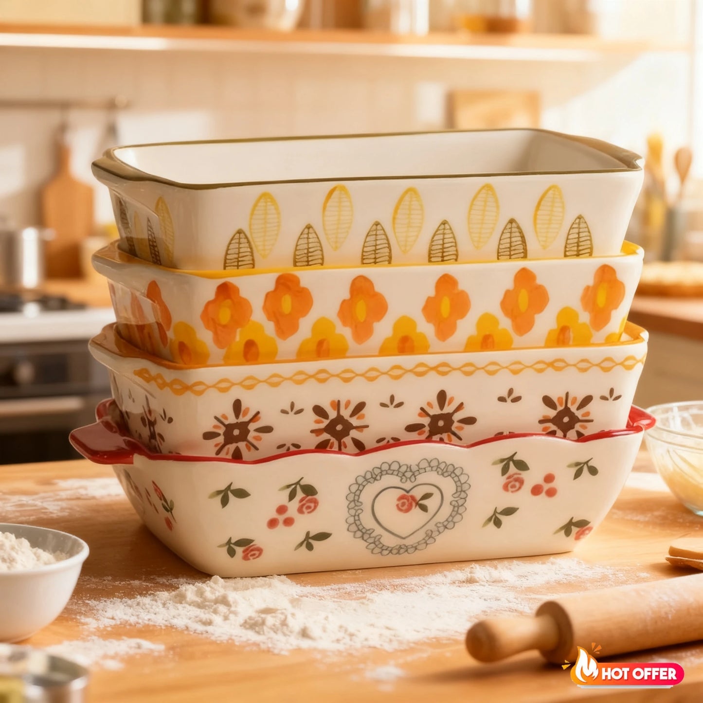 Rectangular Oval Bakeware Pan With Handle Ceramic Baking Dish Roasting Lasagna Pan Kitchen Salad Cheese Baked Pan Flowers