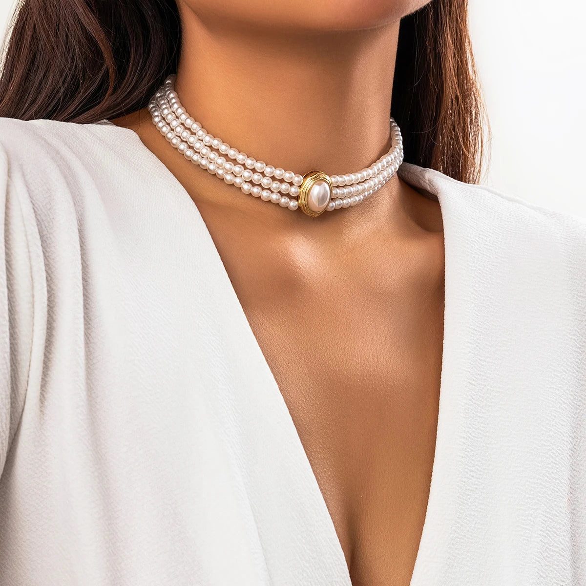 Lacteo Simple Natural Stone Beads Necklace Multilayer Imitation Pearl Choker Women Short Strand Neck Chain Collar Jewelry Gift