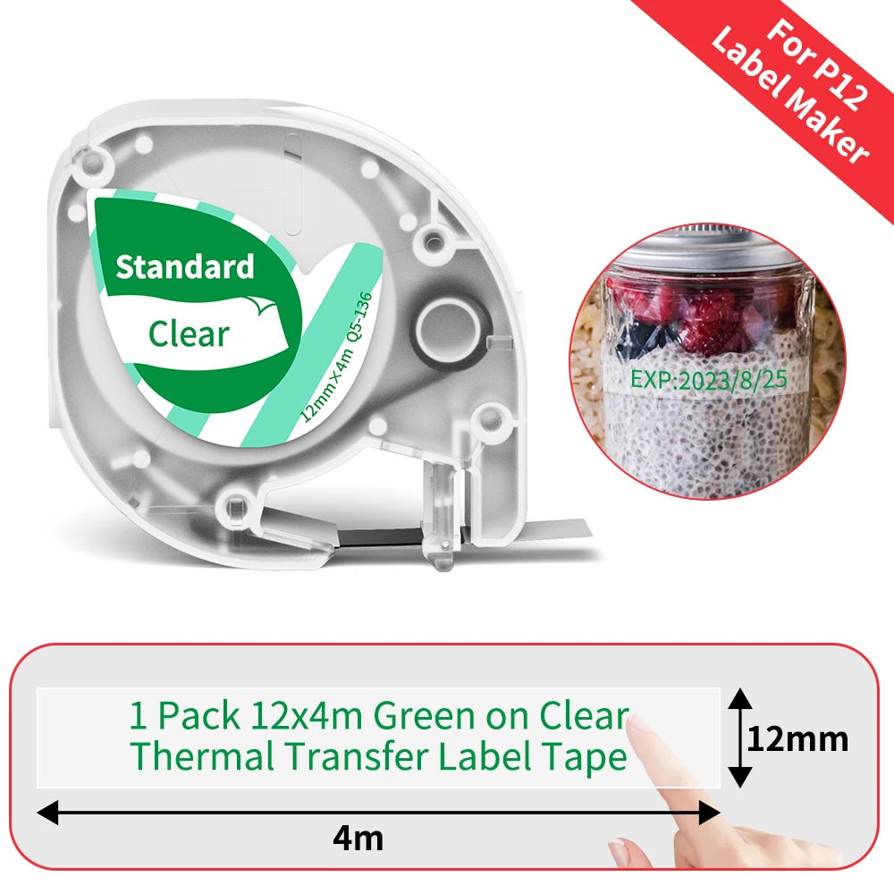P12 Label Tape Compatible with Dymo LetraTag 200B Refills LT-100H Label Replacement for Phomemo P12 PRO Label Maker 12mm x 4m