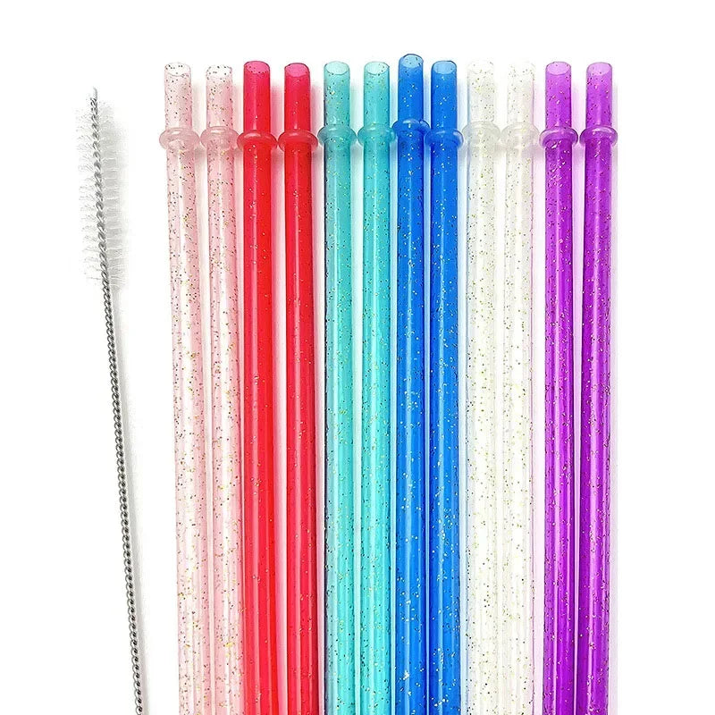 Reusable Clear Plastic Glitter Straws Extra Long Tumbler Straws for Cups with Cleaning Brush Drinking Straws for Tumbler Party