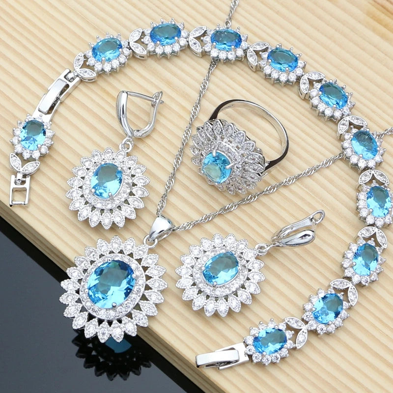 Natural Oval Blue Zircon White CZ Silver 925 Jewelry Sets For Women Party Earrings/Pendant/Necklace/Rings/Bracelet Dropshipping