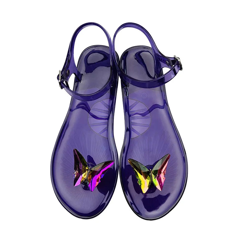Butterfly Rhinestone Transparent Pvc Jelly Sandals Women Ankle Strap Flat Sandals Summer Beach Casual Outdoor Walking Shoes