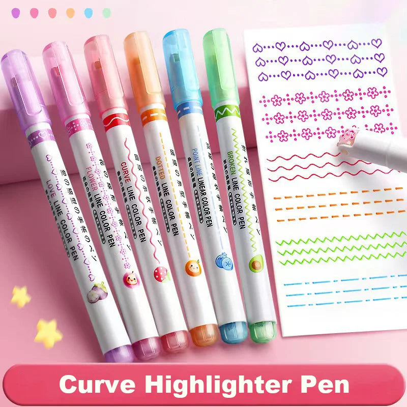6Pcs Set Flower Shape Outline Pens Highlighter Marker Curve Roller Tip Pen Cute Stationery Kawaii Graffiti School Accessories
