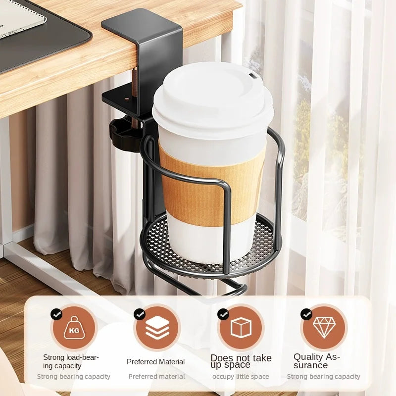 2 in 1 Desk Cup Holder with Headphone Hanger Holder, Anti-Spill Clip-On Table Cup Hook with 360° Rotation for Office Home Table