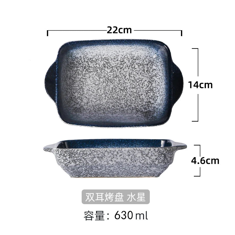 Japanese Tableware Binaural Baking Tray Ceramic Cheese Baked Rice Baking Bowl Oven Special Utensils with Tray Rectangular Plate
