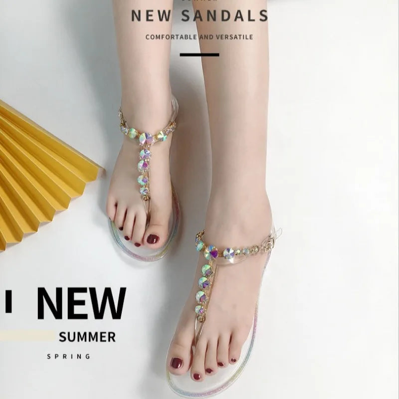 Size 36-42 Women Girls Jelly T- Tied Sandals INS Hot Sales Diamond Transparent PVC Summer Berach Flip-flop Shoes S1055