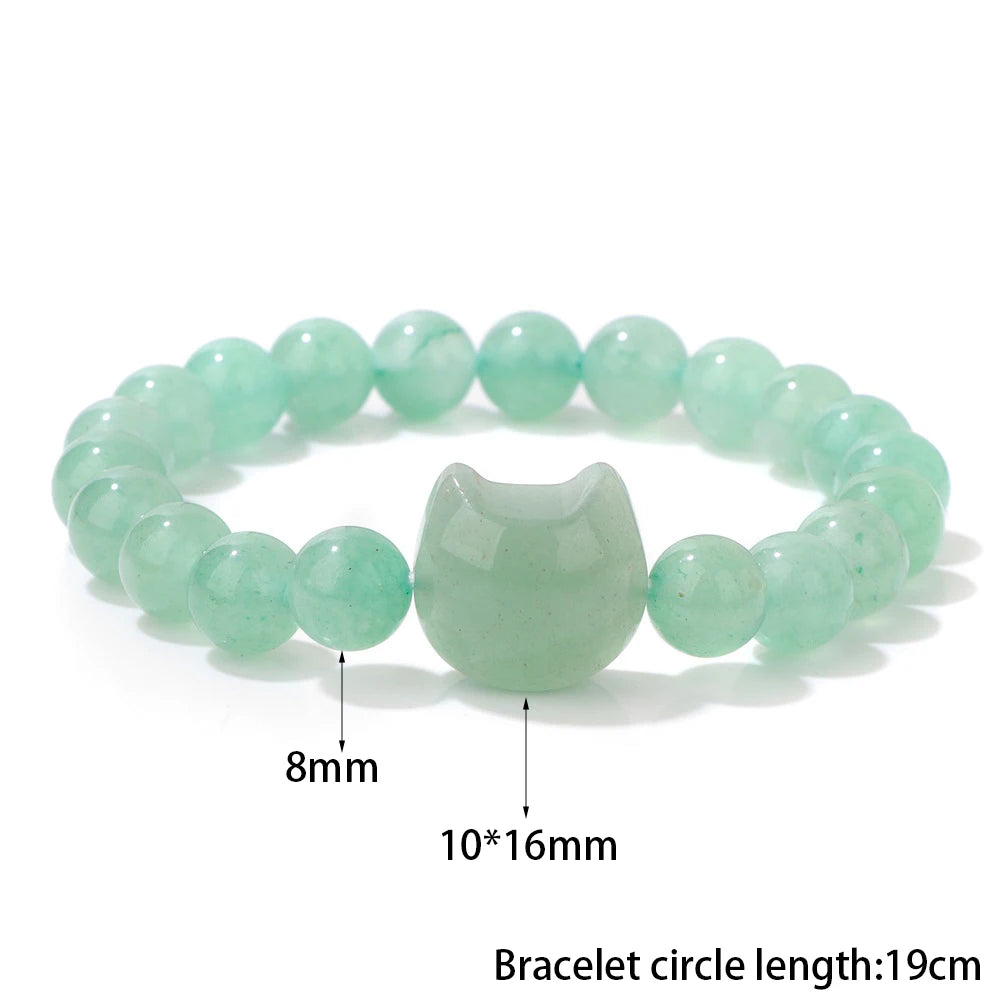 Natural Cat Head Carved Stone Bracelet Tiger Eye Amethyst Agate 8mm Round Gem Bead Elastic Bracelets For Women Men Jewelry Gift