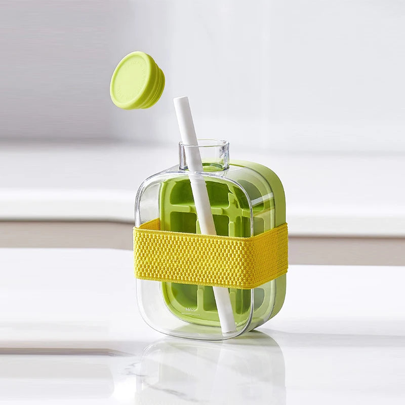 Ice Cube Tray Press Ice Maker with Lid Food Grade Cooling Ice Mold 2 in 1 Ice Straw Water Bottle for Summer Cooling Drinks