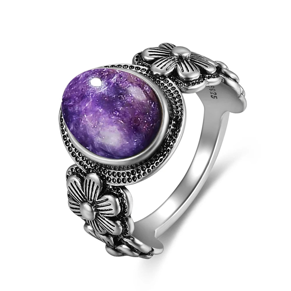 Vintage S925 Sterling Silver Rose Flower Ring With Oval 8*10mm Natural Moonstone Sweet Ring Fine Jewelry For Woman