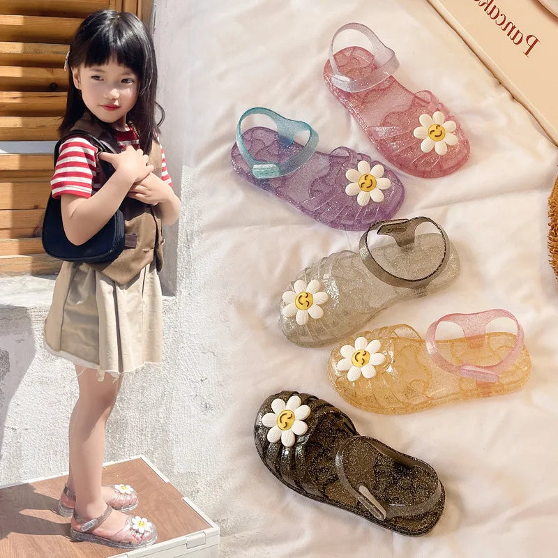 Children's Glitter Crystal Sandals Girls Flower Smiley Face Jelly Beach Sandals Toddler Garden Shoes Kids Non-slip Casual Shoes
