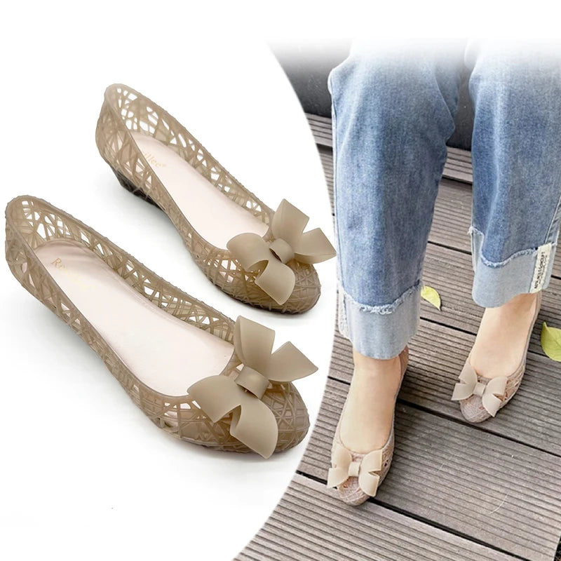 Resillee Women  Hollow Out Bow Knot Jelly Shoes Summer Breathable PVC Ballet Flats Low Wedge Waterproof Beach Casual Sandal