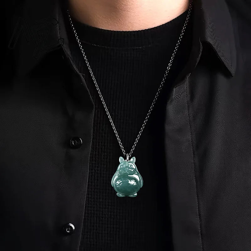 S925 silver Natural Blue Water Jade Cartoon Totoro Pendant Necklace Real Carved Charm Jadeite Jewelry Fashion Amulet Gifts Women