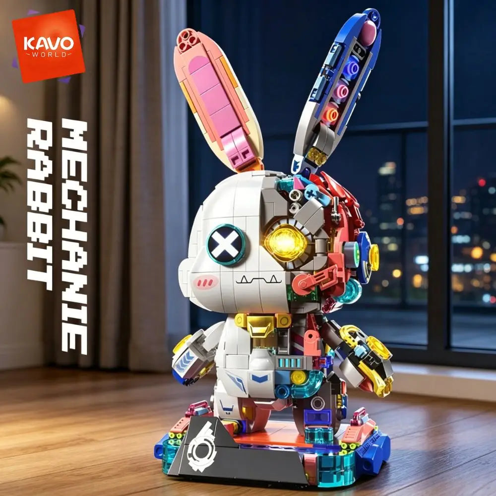 KAVOWORLD 1377PCS Robot Rabbit Building Blocks Set LED Light Up Multi-Point Rotatable Detachable Base DIY Cyberpunk Mecha Building Rabbit Bricks Kit Mechanical Bunny Construction Toy for Home Office Desk Decor Christmas Birthday Gift Teens Adults
