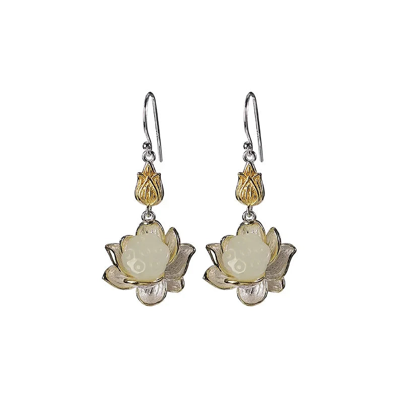 Classic Lotus Flower Jewelry Sets Natural Hotan Jade Various Exquisite Ring Earrings for Women Pendant Hairpin Brooch Bracelets